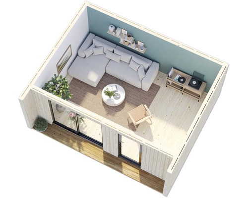 Vue intérieure d'une maison de jardin moderne avec canapé, table et ameublement