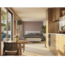 Appartement lumineux avec salon, salle à manger, chambre et cuisine