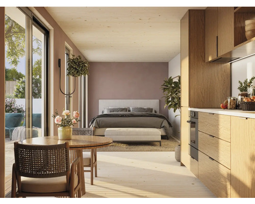 Appartement lumineux avec salon, salle à manger, chambre et cuisine