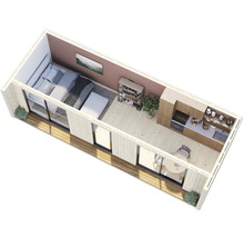 Vue de dessus d'une maison modulaire avec chambre, cuisine et terrasse