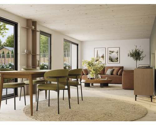 Espace de vie lumineux avec table à manger, chaises, canapé et décorations en bois clair