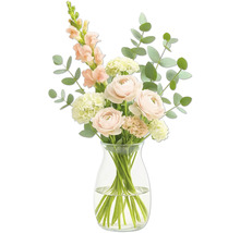 Blumenstrauß mit Rosen und Grün in Glasvase