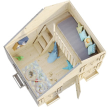 Cabane de jeu avec jouets et décorations vue de dessus