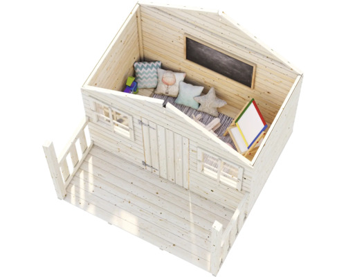 Holzspielhaus mit Veranda, Tafel und Kissen