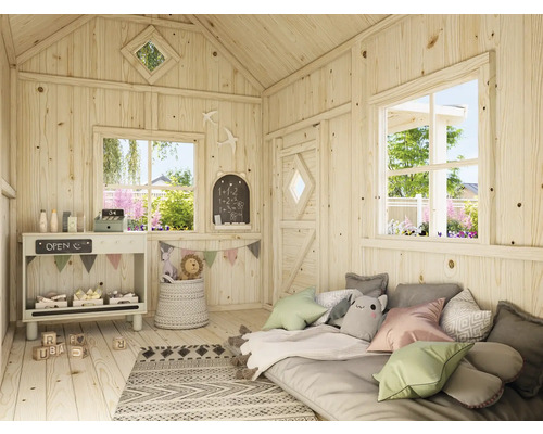 Vue intérieure d'une cabane de jeu pour enfants aux couleurs claires avec fenêtres, caisse enregistreuse, jouets et coussins