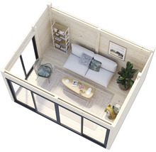 Vue intérieure d'une cabane de jardin avec des meubles, des étagères, des plantes et de grandes fenêtres