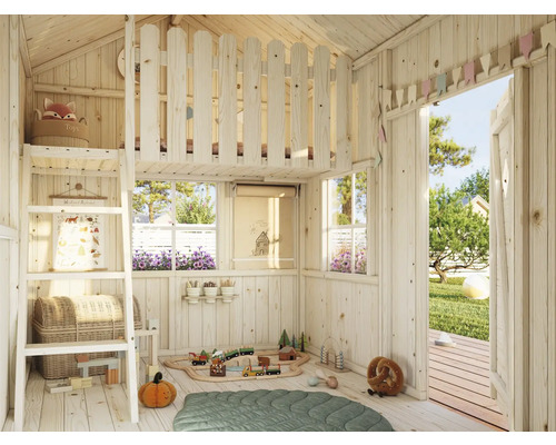 Vue intérieure d'une cabane de jeux lumineuse avec lit mezzanine, jouets et décorations.