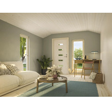 Salon avec canapé, table basse, bureau et plancher en bois