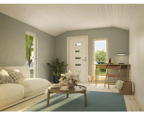 Salon avec canapé, table basse, bureau et plancher en bois