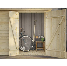 Abri de jardin en bois ouvert avec outils de jardin et vélo