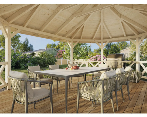 Pavillon mit Esstisch, Stühlen und Grill für den Aussenbereich