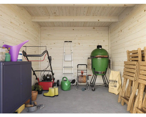 Abri de jardin spacieux avec outils de jardinage, barbecue, échelle et mobilier de jardin.