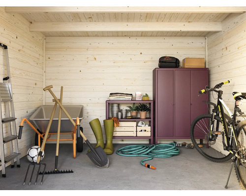 Abri de jardin lumineux avec brouette, outils de jardin, étagère et vélo