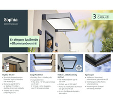 Infographie pour l'auvent de porte Sophia avec détails sur le design, la résistance aux intempéries, la garantie de 3 ans et la gouttière.