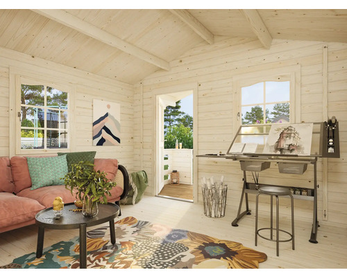 Pavillon de jardin lumineux avec canapé, table et table à dessin