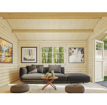 Vue intérieure d'une maison de jardin lumineuse avec fenêtre, porte et siège