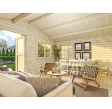 Vue intérieure d'une maison de jardin avec des meubles et des décorations