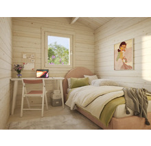 Helles Zimmer mit Holzvertäfelung, Schreibtisch, Stuhl und Bett für einladende Atmosphäre