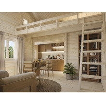 Image intérieure d'une maison en bois clair avec salon, cuisine et échelle menant au lit mezzanine