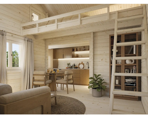 Image intérieure d'une maison en bois clair avec salon, cuisine et échelle menant au lit mezzanine