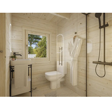 Salle de bain avec douche, toilettes, lavabo et miroir dans une maison en bois