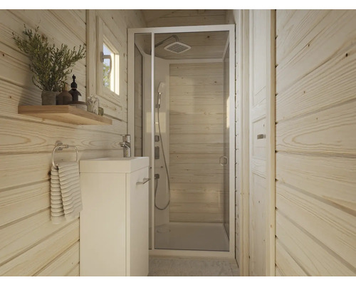 Salle de bain lumineuse avec douche, lavabo et revêtement en bois pour une ambiance conviviale.