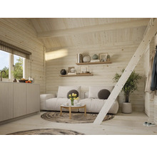 Intérieur clair d'une maison en bois avec coin salon, kitchenette et échelle menant à la mezzanine