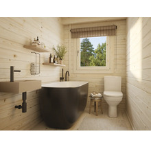 Salle de bain lumineuse avec baignoire, toilettes et lavabo devant un mur en bois