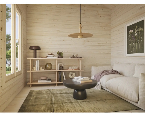 Helle Holzwand-Inneneinrichtung mit Regalen, Sofa, Teppich und Beleuchtung