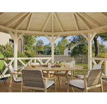 Pavillon de jardin en bois avec mobilier de jardin sur une terrasse en bois