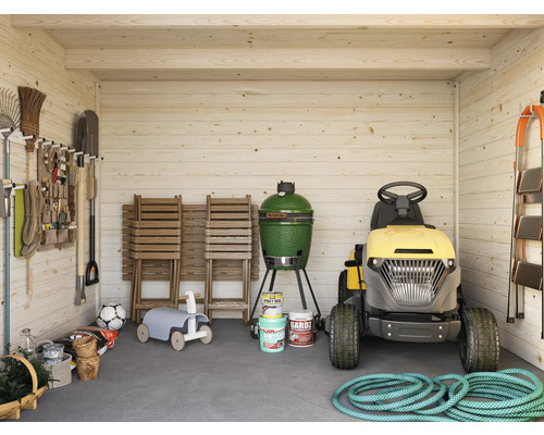 Abri de jardin en bois avec outils de jardin, tracteur de pelouse et barbecue