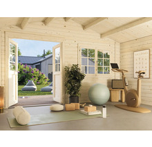 Maison de jardin en bois avec équipements sportifs et vue sur le jardin