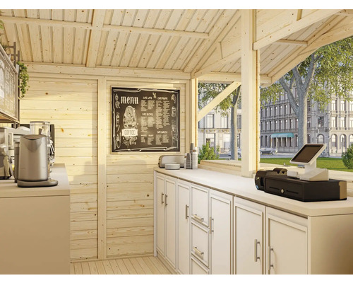 Vue intérieure d'une maison en bois claire avec comptoir, machine à café et menu