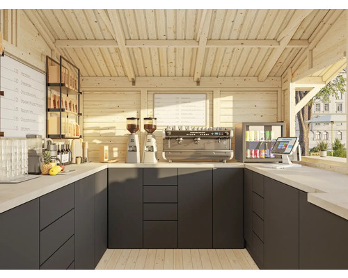 Innenansicht eines Holzkaffeehauses mit Kaffeemaschinen, Kühlvitrine und Speisekarten