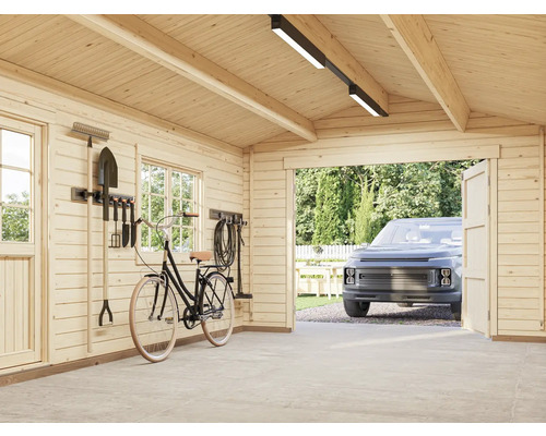 Garage avec outils, vélo et voiture