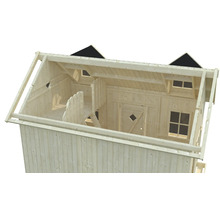 Vue intérieure d'une maison en bois avec fenêtres et porte