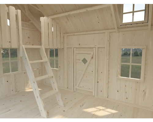 Vue intérieure d'une cabane en bois avec échelle, fenêtres et porte