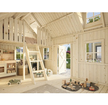 Vue intérieure d'une cabane de jeu en bois claire et spacieuse avec échelle, fenêtres et jouets