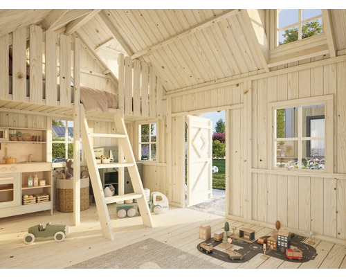 Vue intérieure d'une cabane de jeu en bois claire et spacieuse avec échelle, fenêtres et jouets