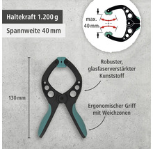 Serre-joint à ressort en plastique renforcé de fibres de verre avec poignée ergonomique et une portée de 40 millimètres