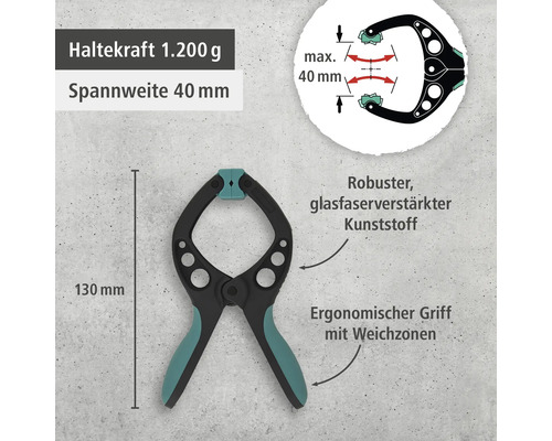 Serre-joint à ressort en plastique renforcé de fibres de verre avec poignée ergonomique et une portée de 40 millimètres