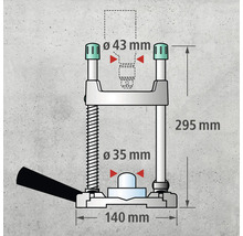 Technische Zeichnung einer Bohrmaschine mit Maßangaben.
