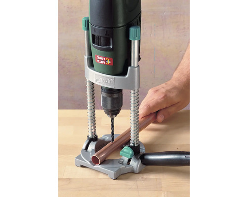 Support de perçage Wolfcraft avec perceuse et tube de cuivre