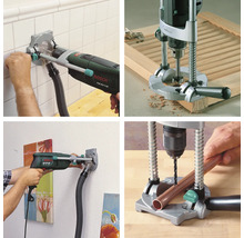 Vues multiples d'une perceuse avec aspiration de poussière et supports de perçage en utilisation.