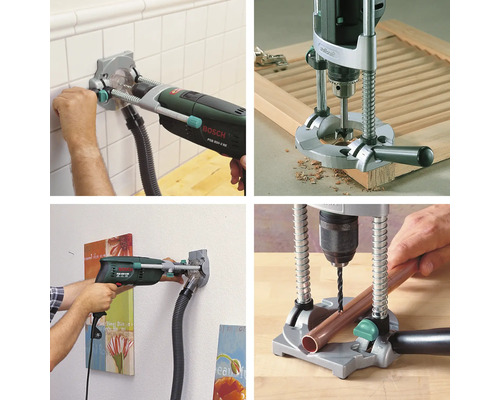 Vues multiples d'une perceuse avec aspiration de poussière et supports de perçage en utilisation.