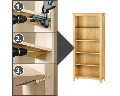 Instructions de montage d'une étagère en bois avec vis et outils