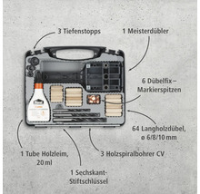 Kit de chevilles avec chevilles en bois, colle à bois, butées de profondeur, mèches à bois, pointes de marquage de fixation de chevilles et clé à six pans dans une valise