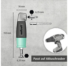 Wolfcraft Logo Tête d'angle avec dimensions et représentation, compatible avec une visseuse sans fil