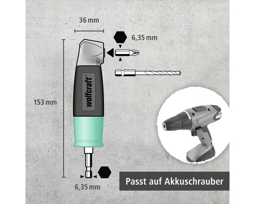 Wolfcraft Logo Tête d'angle avec dimensions et représentation, compatible avec une visseuse sans fil