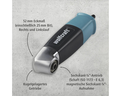 Adaptateur d'angle Wolfcraft avec entraînement hexagonal et engrenage à roulement à billes
